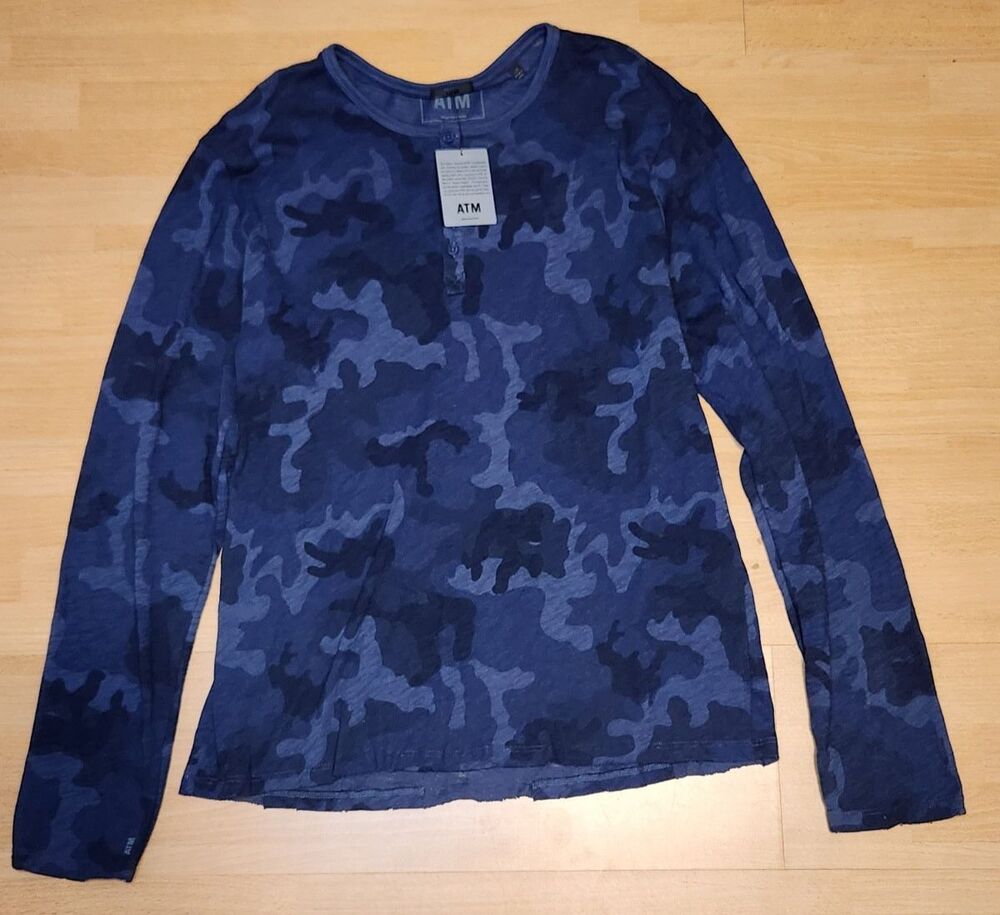 NWT Men's ATM Slub Jersey Destroyed Wash Henley Blue Camo Long Sleeve Large